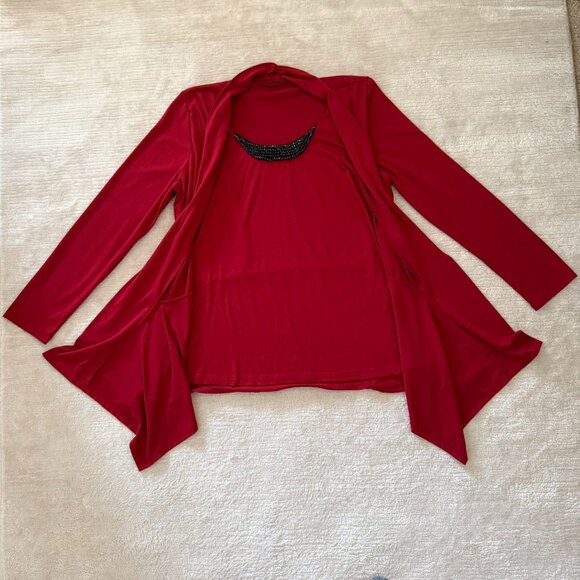 Red Womens Size XL Twofer Open Front Cardigan Top Black Beaded Neckline - Picture 6 of 7